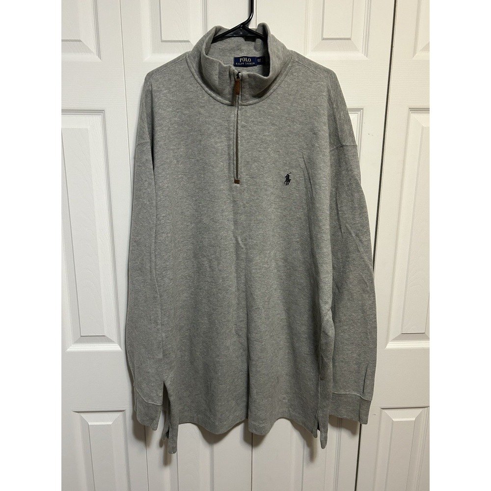 Polo Ralph Lauren 1/4 Zip Cotton Sweater Gray Mock Neck Leather Zip Pull 2XL
